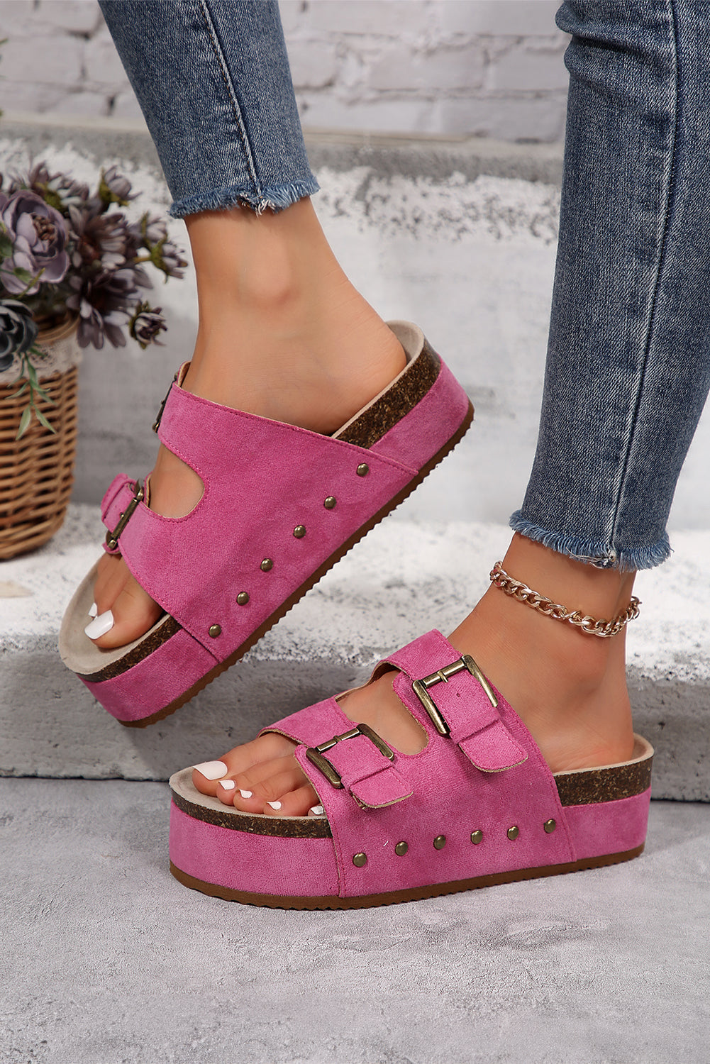 Rose Suede Dual Buckle Platforms
