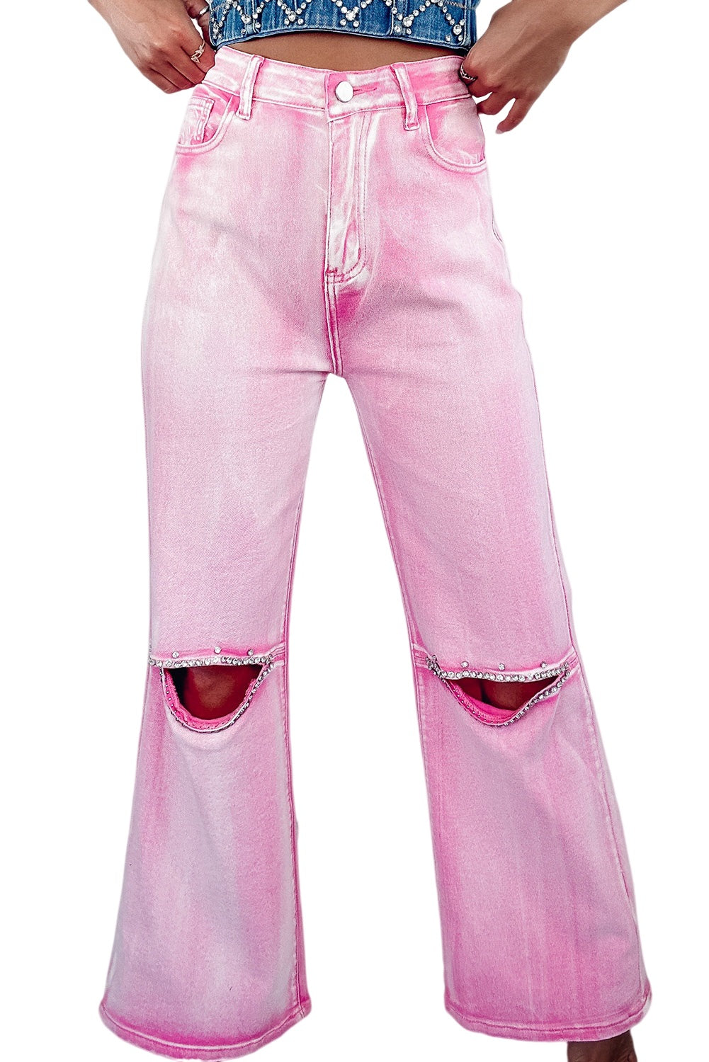 Pink Jeweled Distressed High Waist Flares (6-16)