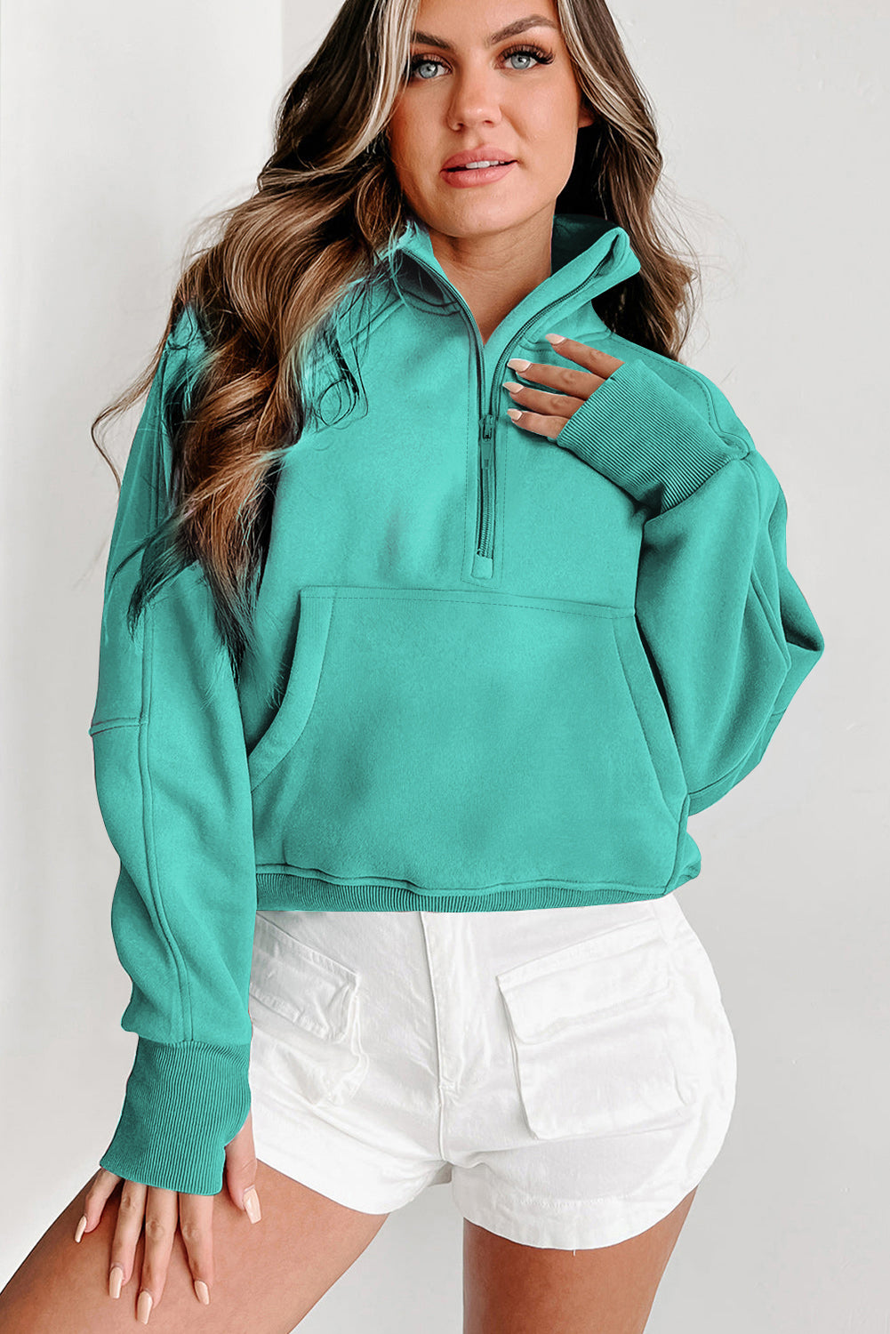 Smoke Green Quarter Zip Pocket Sweatshirt