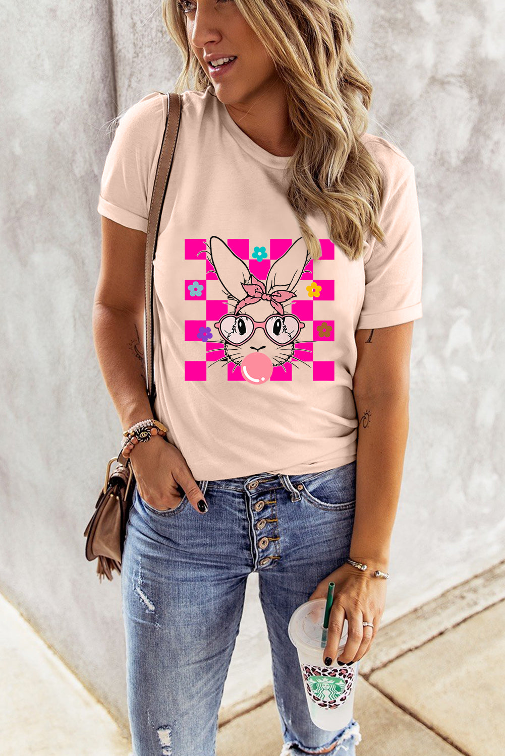 Checkered Flower Bunny Graphic Tee (S-2XL)