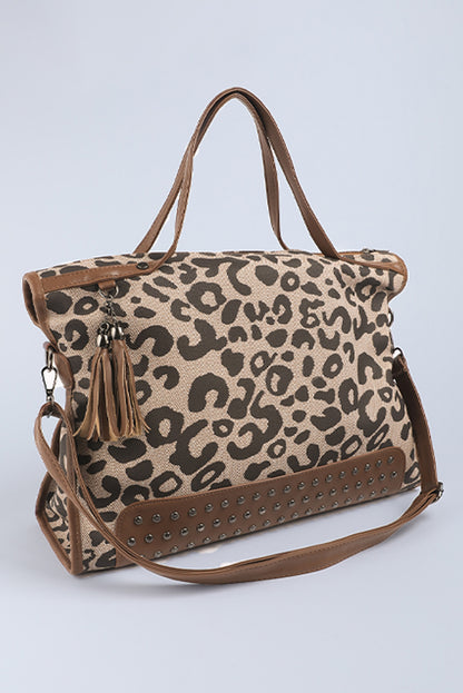 Leopard Print Studded Tassel Zipper Tote Bag