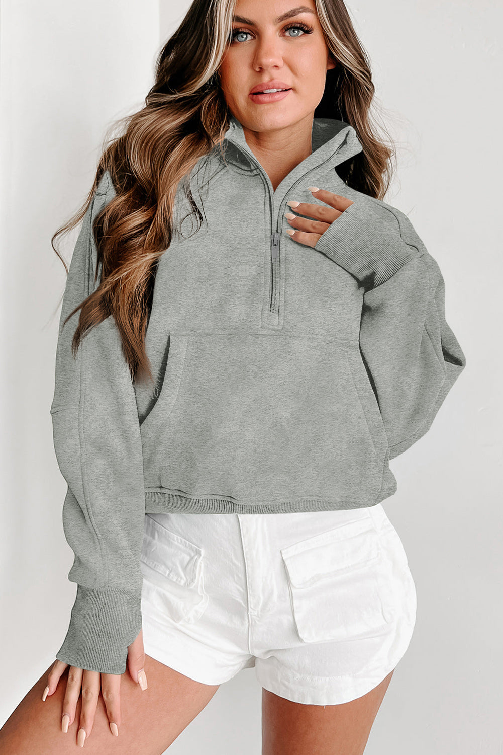 Smoke Green Quarter Zip Pocket Sweatshirt