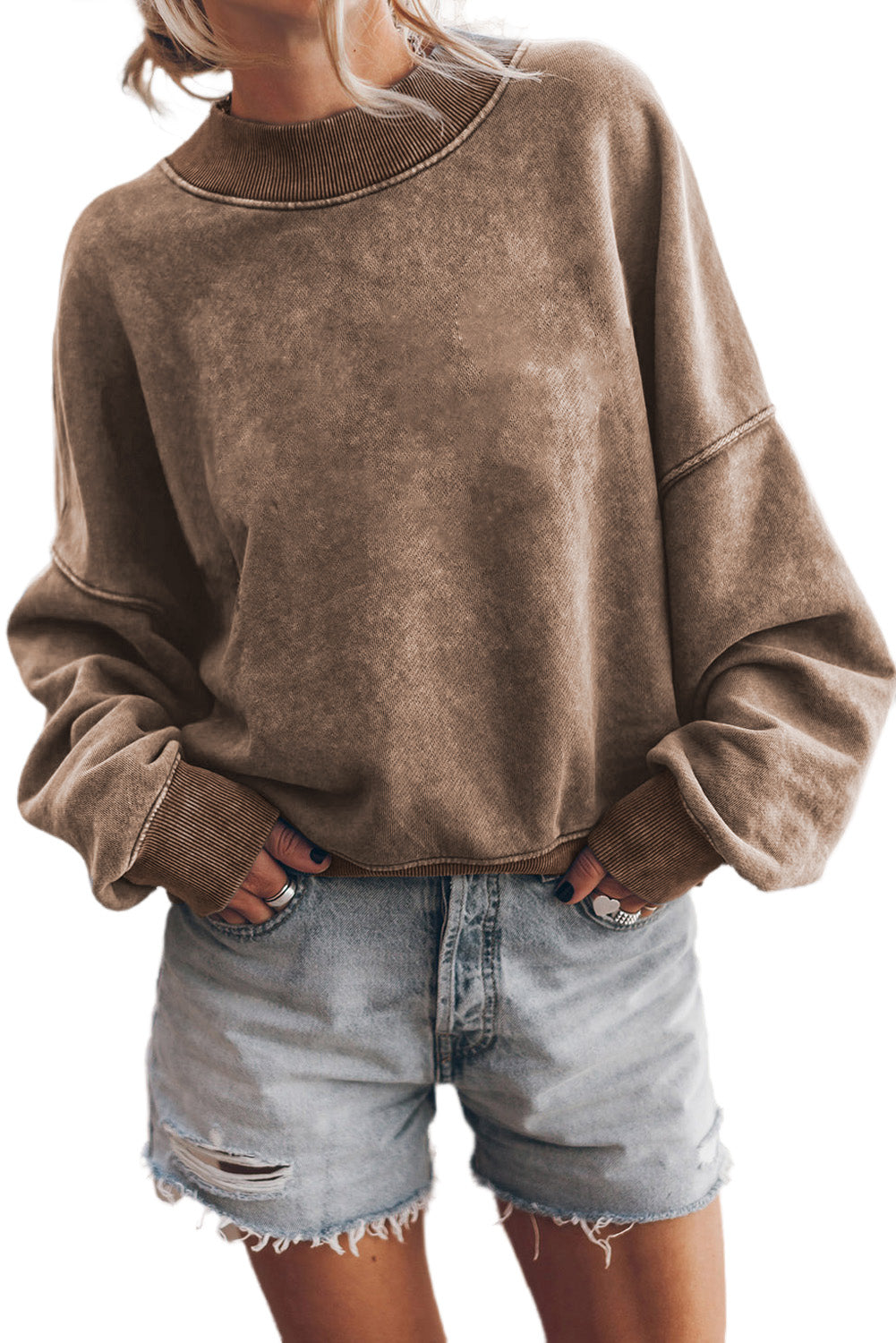 Brown Plain Drop Shoulder Crew Neck Sweatshirt