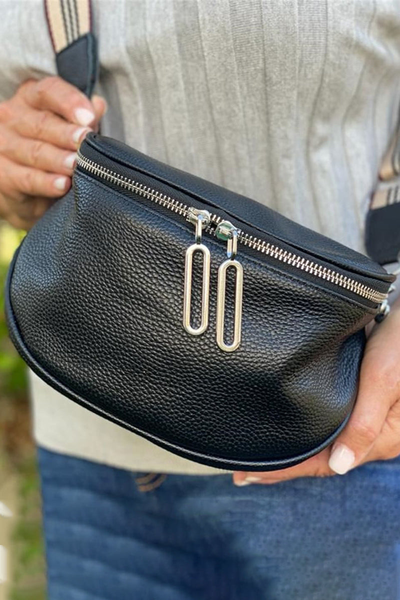 Black Striped Strap Zipper Leather Crossbody Bag