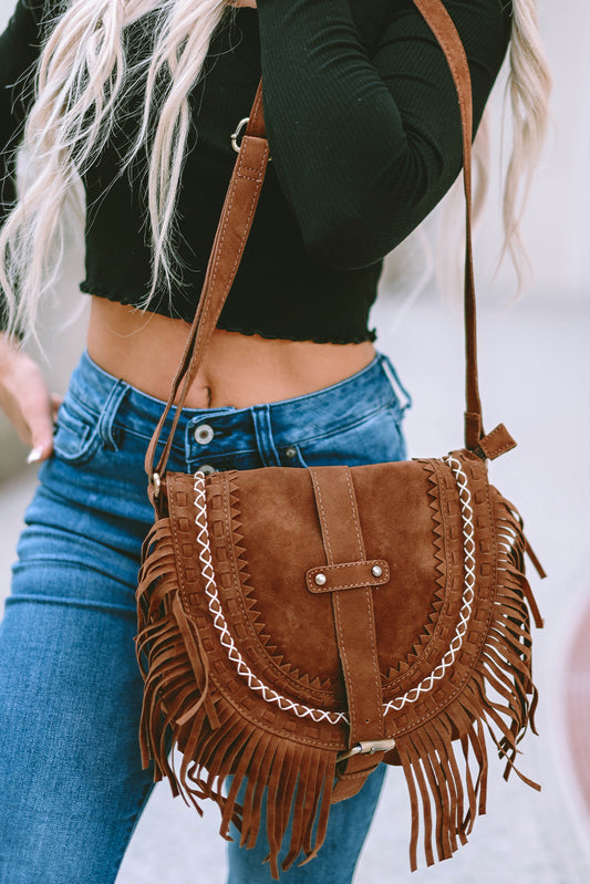 Chestnut Vintage Suede Fringed Saddle Bag