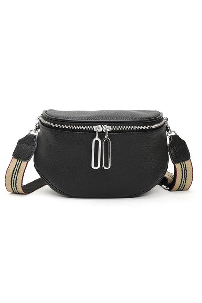 Black Striped Strap Zipper Leather Crossbody Bag