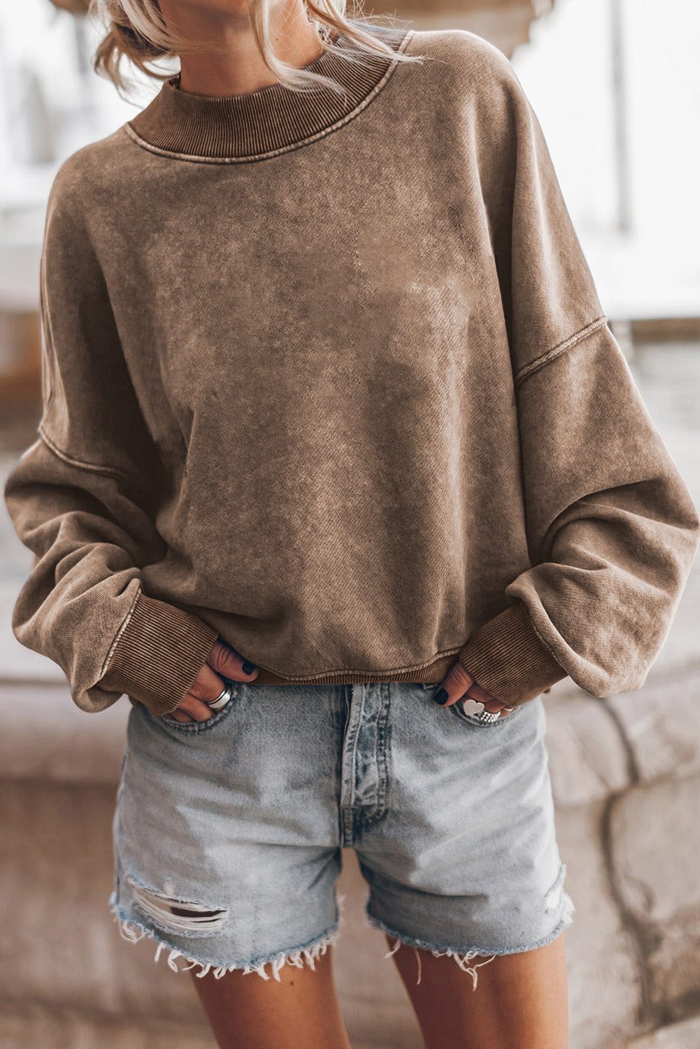 Brown Plain Drop Shoulder Crew Neck Sweatshirt