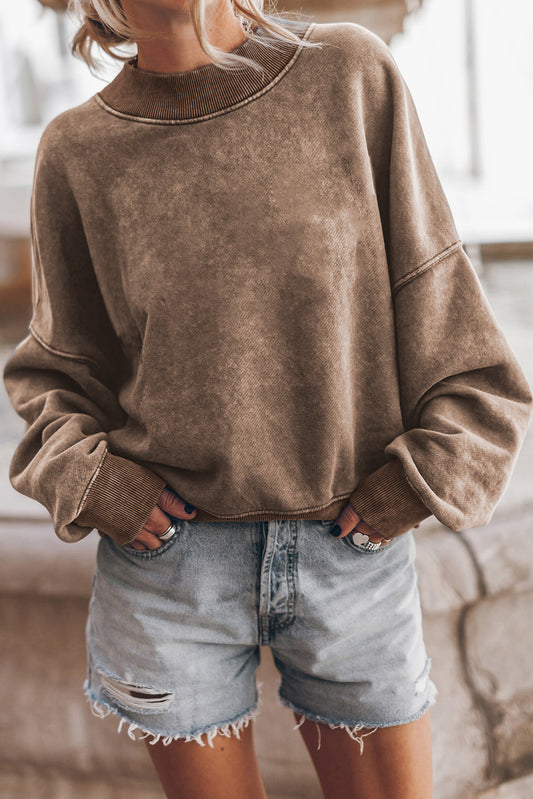 Brown Plain Drop Shoulder Crew Neck Sweatshirt