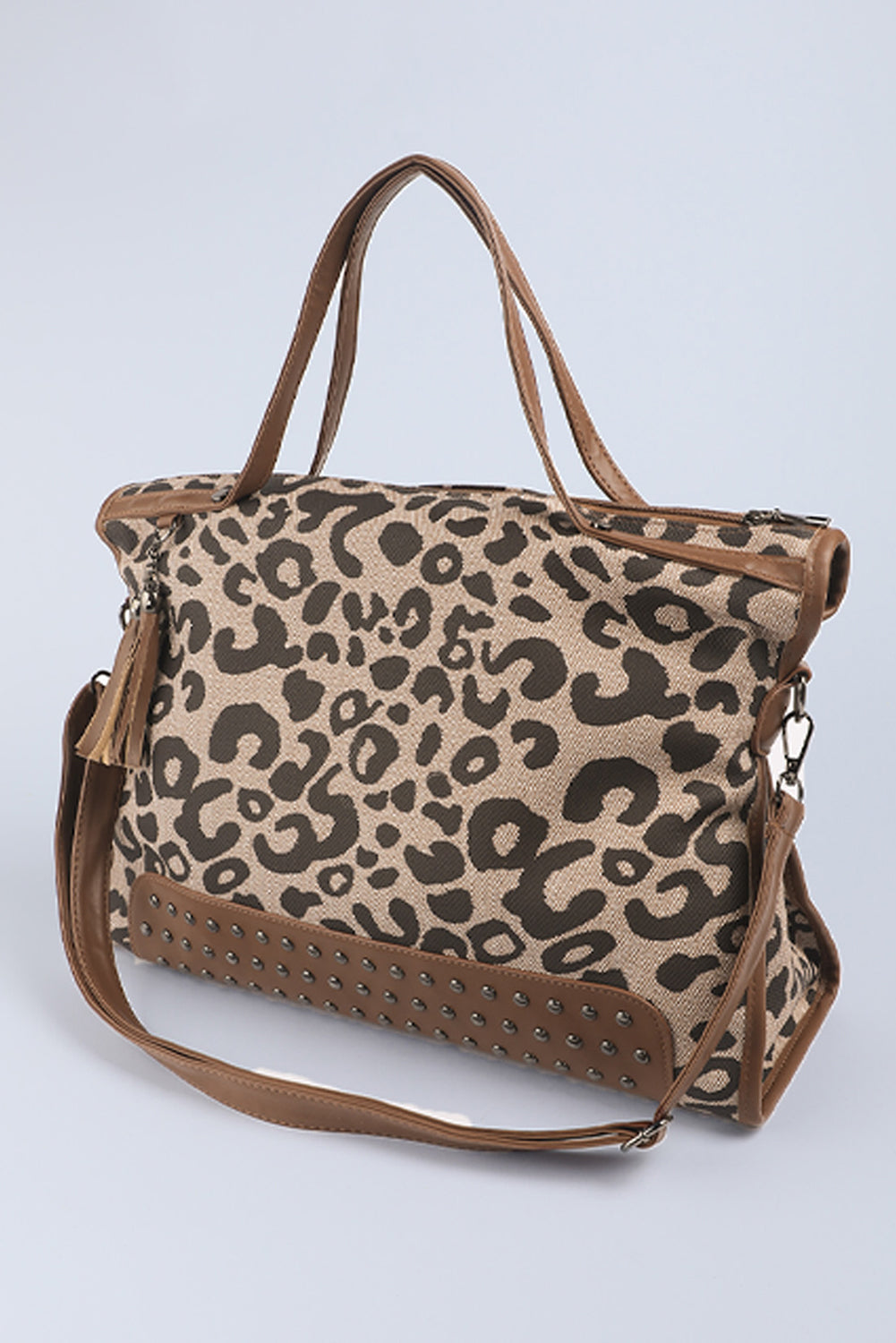 Leopard Print Studded Tassel Zipper Tote Bag