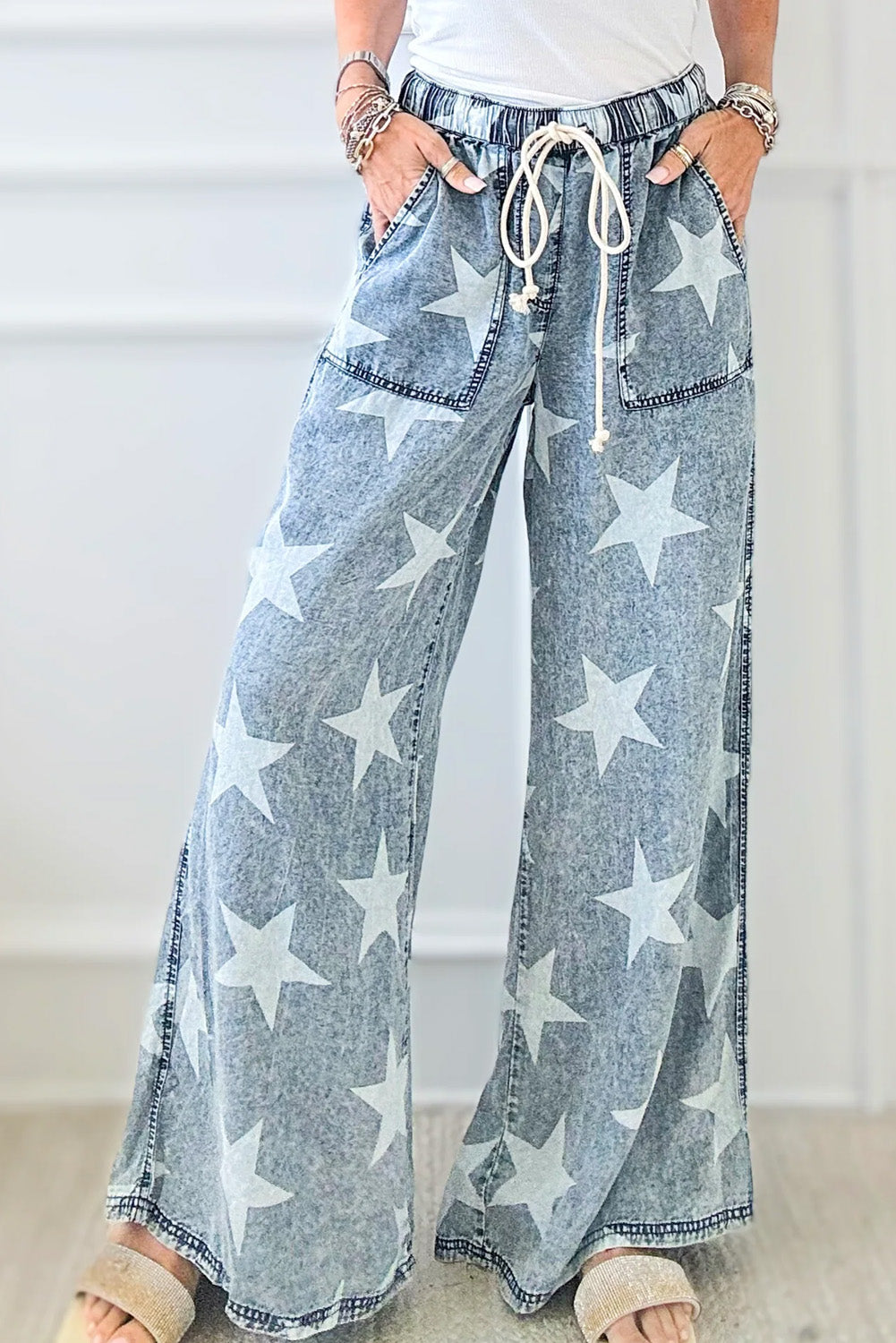 Light Wash Star Print Drawstring Wide Leg Jeans (6-16)