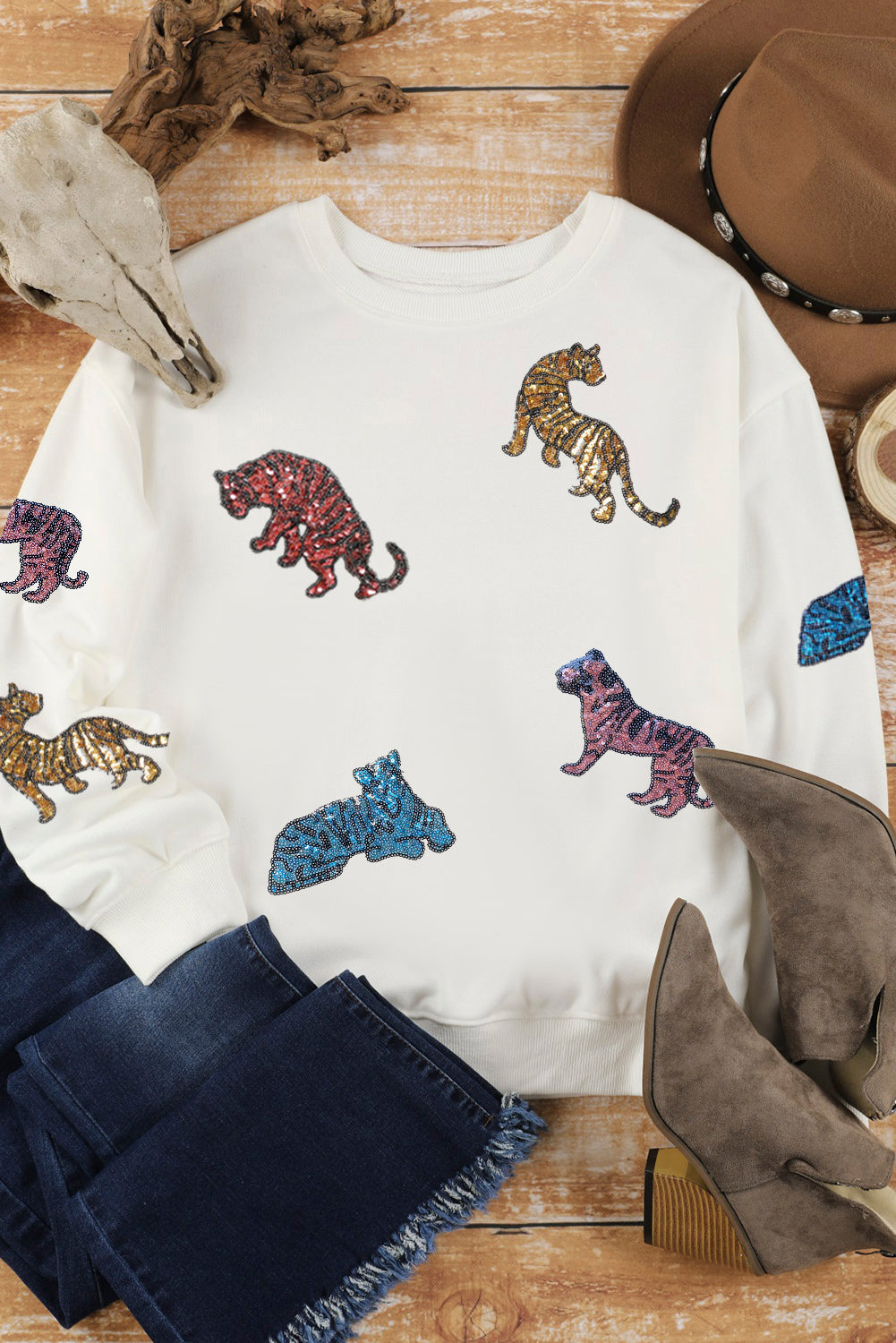 Sequin Tiger Graphic Round Neck Sweatshirt (S-2XL)