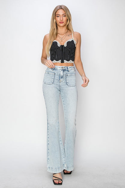 Risen High Rise Front Patch Pocket Flare Jeans (0-15)