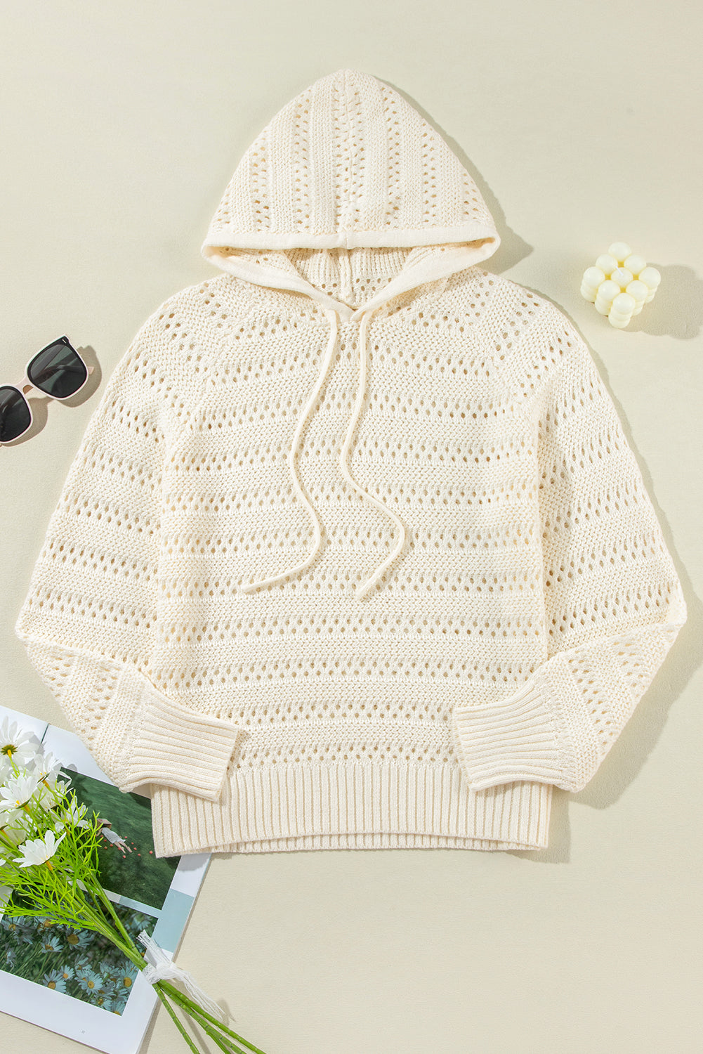 Pointelle Knit Long Sleeve Hoodie (S-XL - 2 Colors)