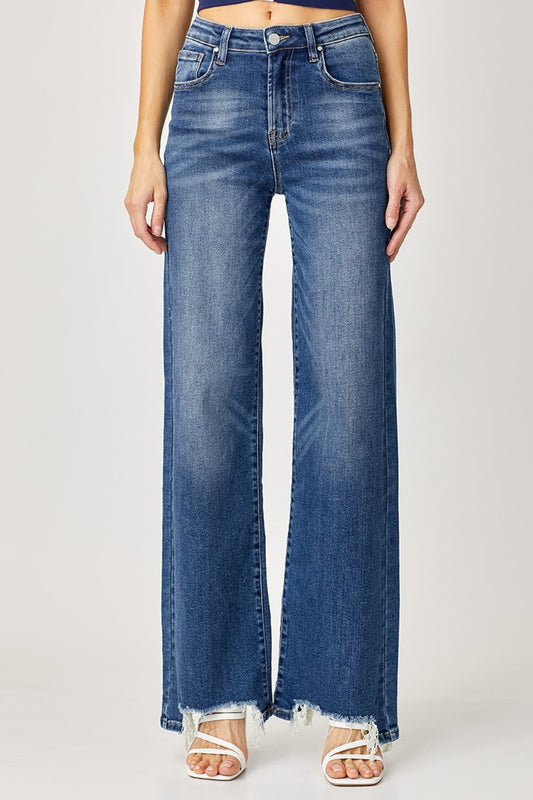 Risen High Rise Frayed Hem Wide Leg Jeans (0-15)