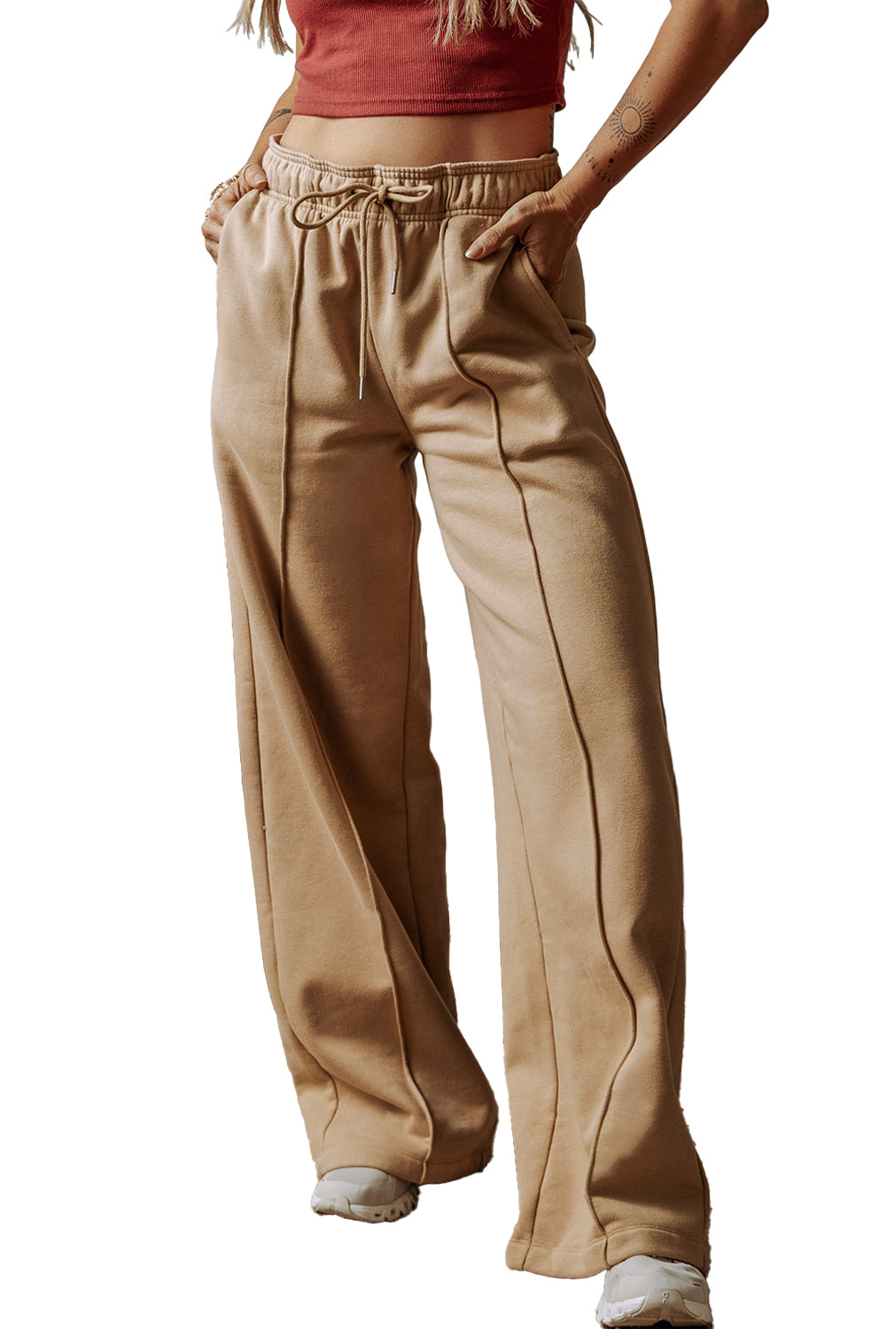 Exposed Seam Drawstring High Waist Wide Leg Pants (S-XL)