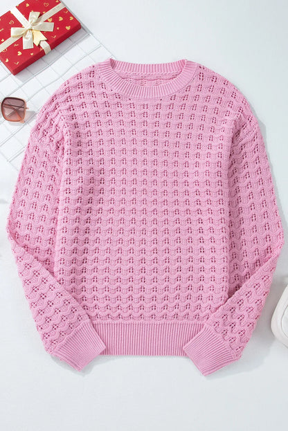 Open Knit Round Neck Long Sleeve Sweater (S-XL)