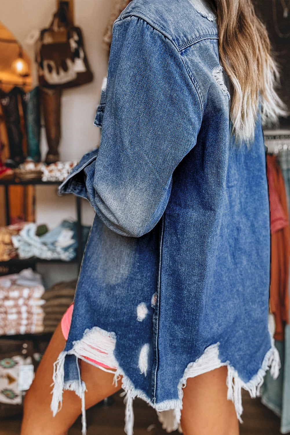 Light Wash Distressed Frayed Long Denim Jacket