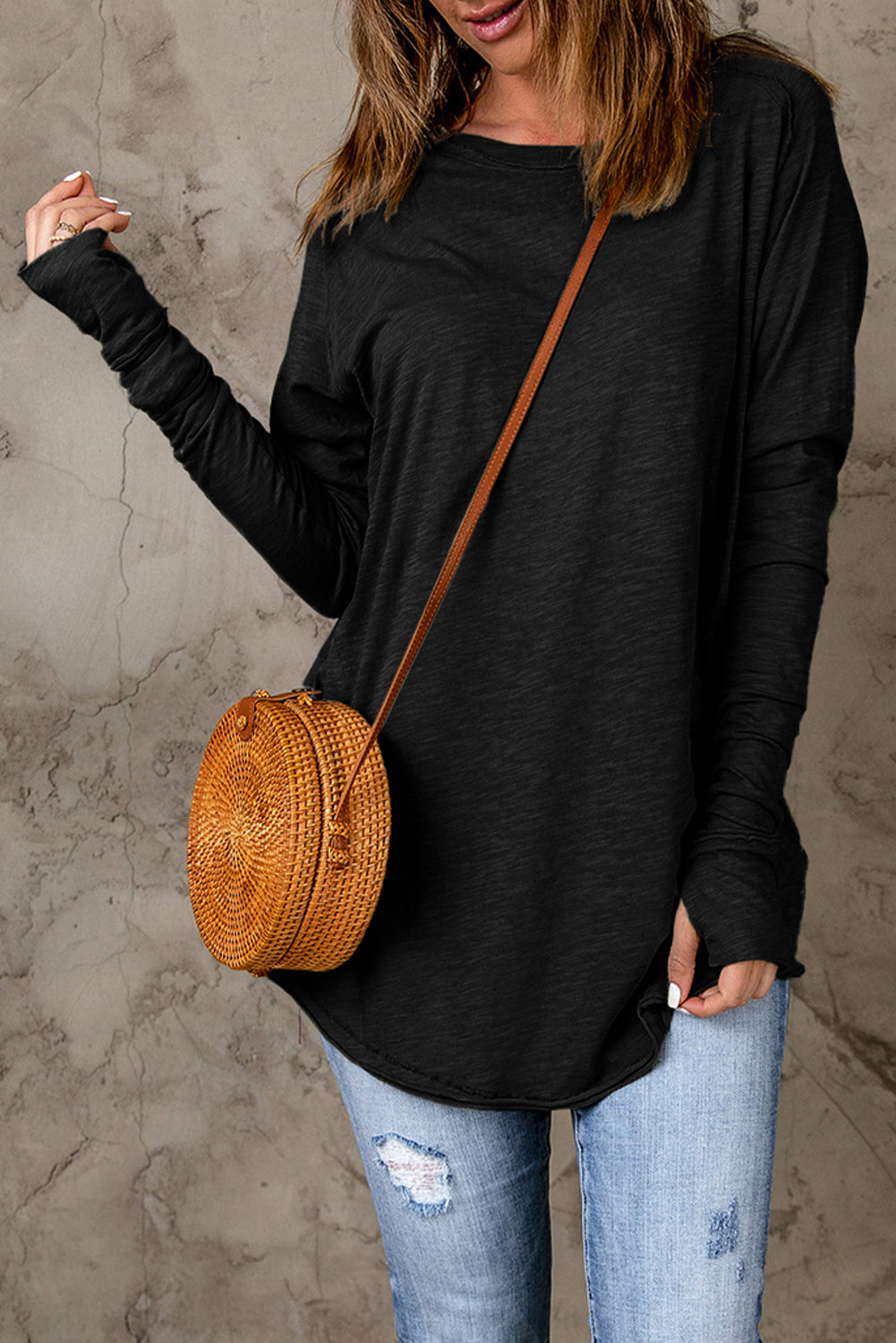 Blank Black Thumbhole Long Sleeve Top (S-2XL)