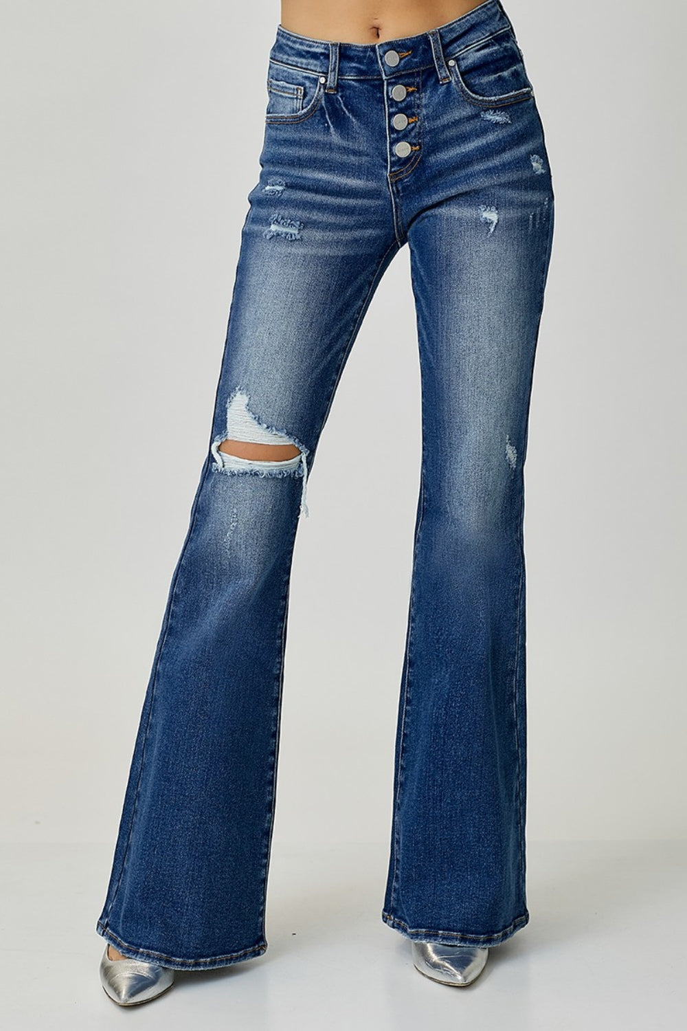 RISEN Distressed Button-Fly Flare Jeans (0-15)