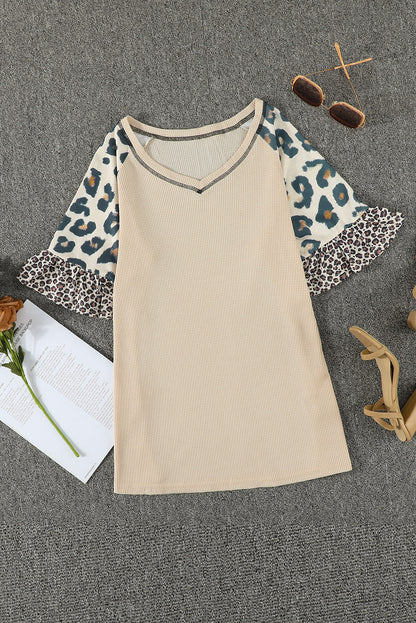 Blank Khaki and Cheetah Print Ruffle Short Sleeve V Neck T-Shirt