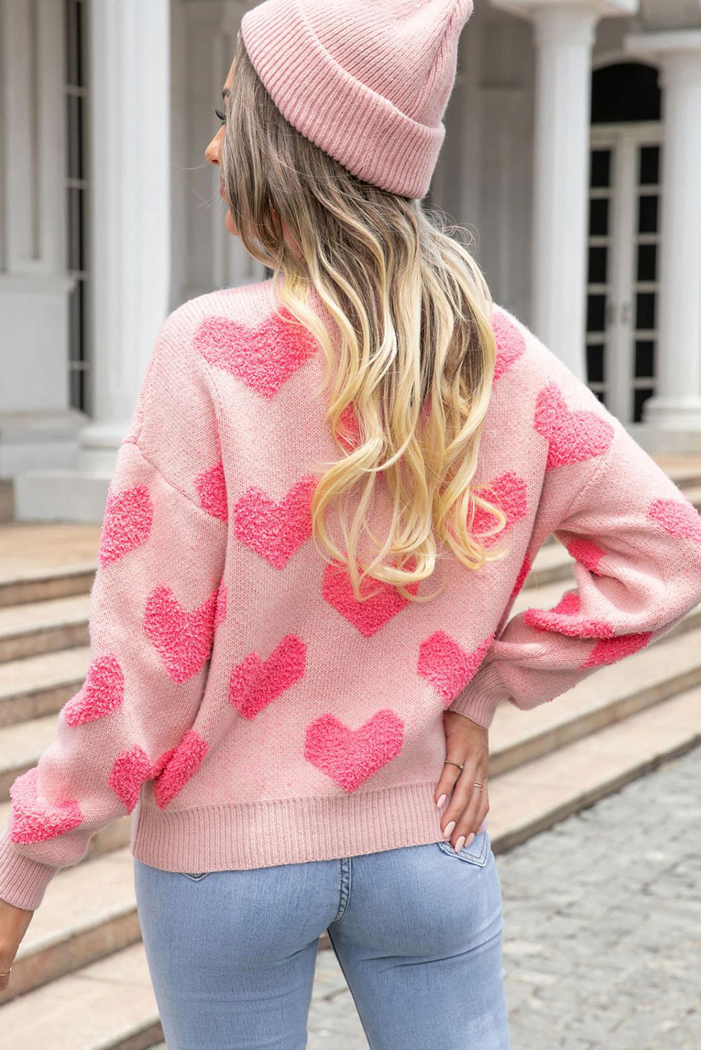 Light Pink Valentines Day Heart Jacquard Knit Sweater (S-XL)