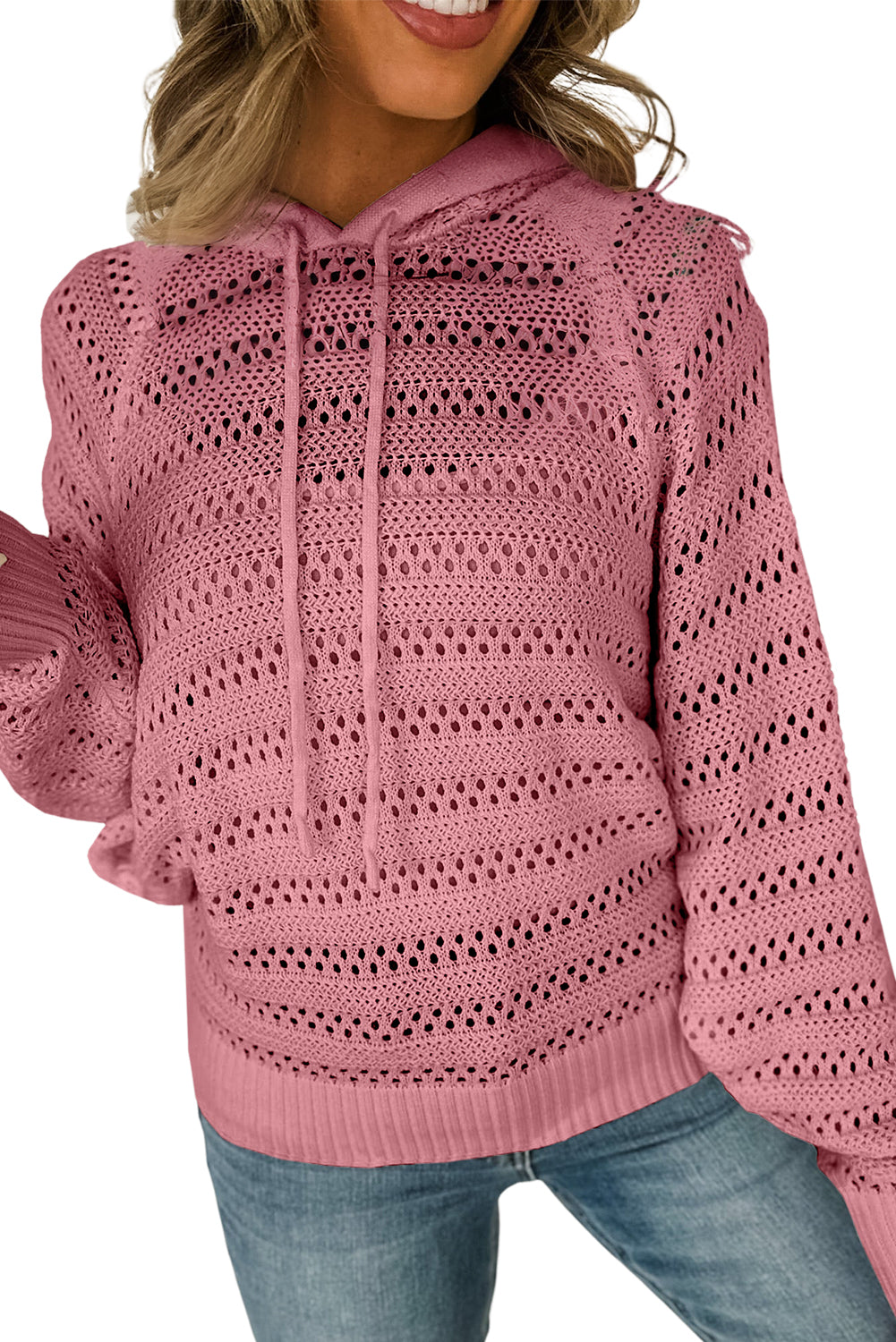 Peach Blossom Pointelle Knit  Hooded Sweater