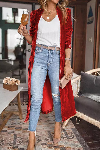 Velvet Open Front Long Cardigan (S-2XL - 3 Colors)