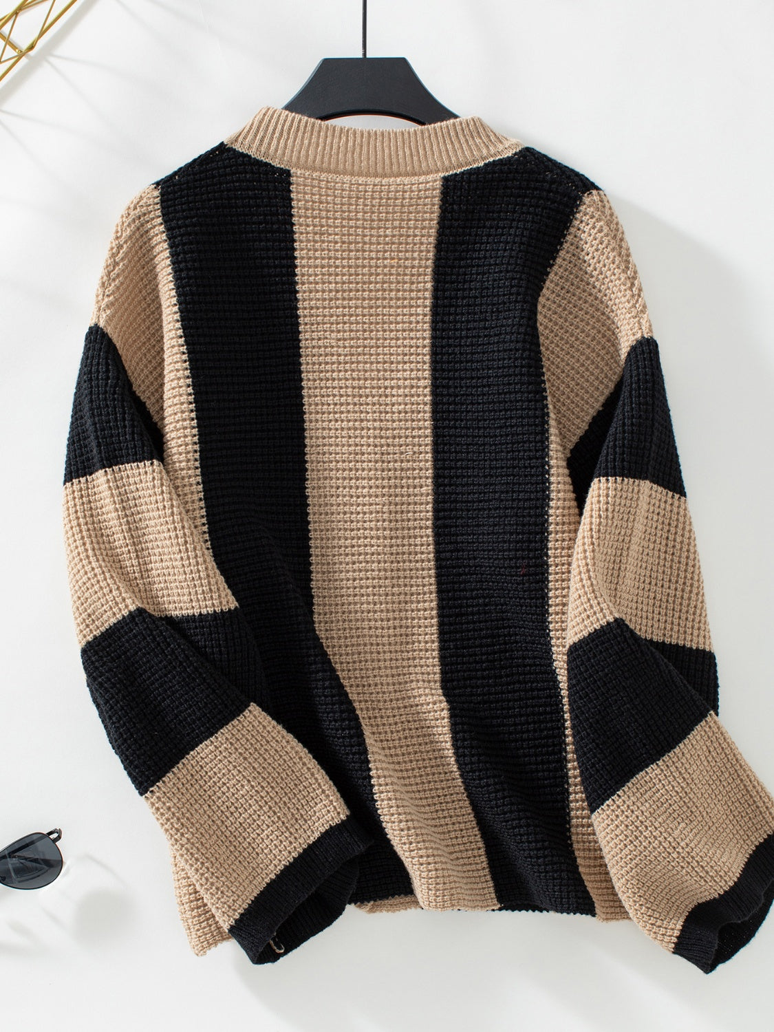 Waffle-Knit V-Neck Striped Long Sleeve Cardigan (S-XL)