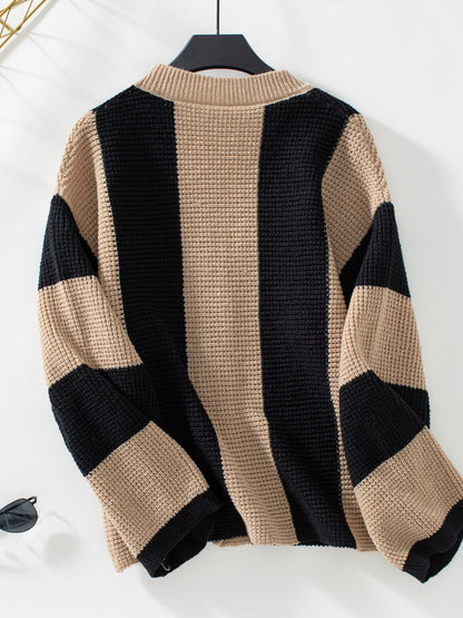 Waffle-Knit V-Neck Striped Long Sleeve Cardigan (S-XL)