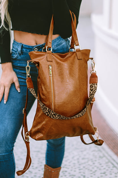 Chestnut Vintage Leopard Strap Zipper Backpack