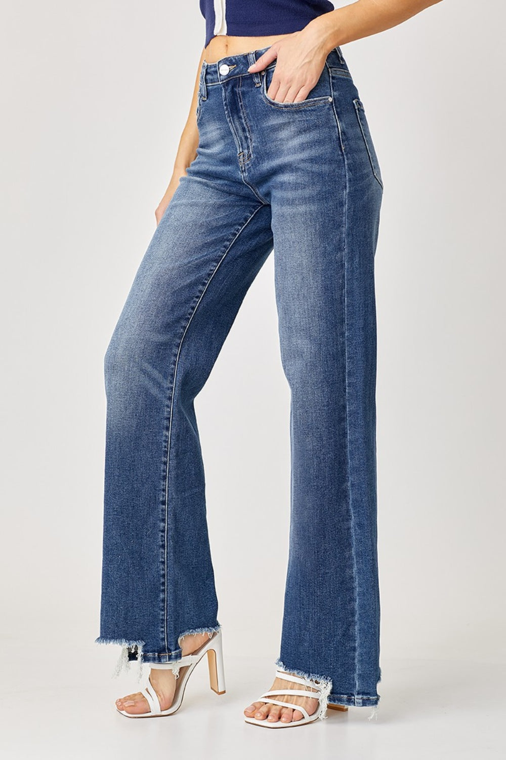 Risen High Rise Frayed Hem Wide Leg Jeans (0-15)