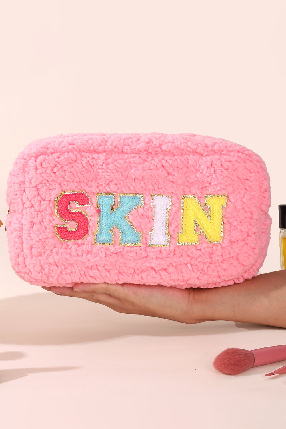 Pink Plush Chenille Embroidered Alphabet Makeup Bag