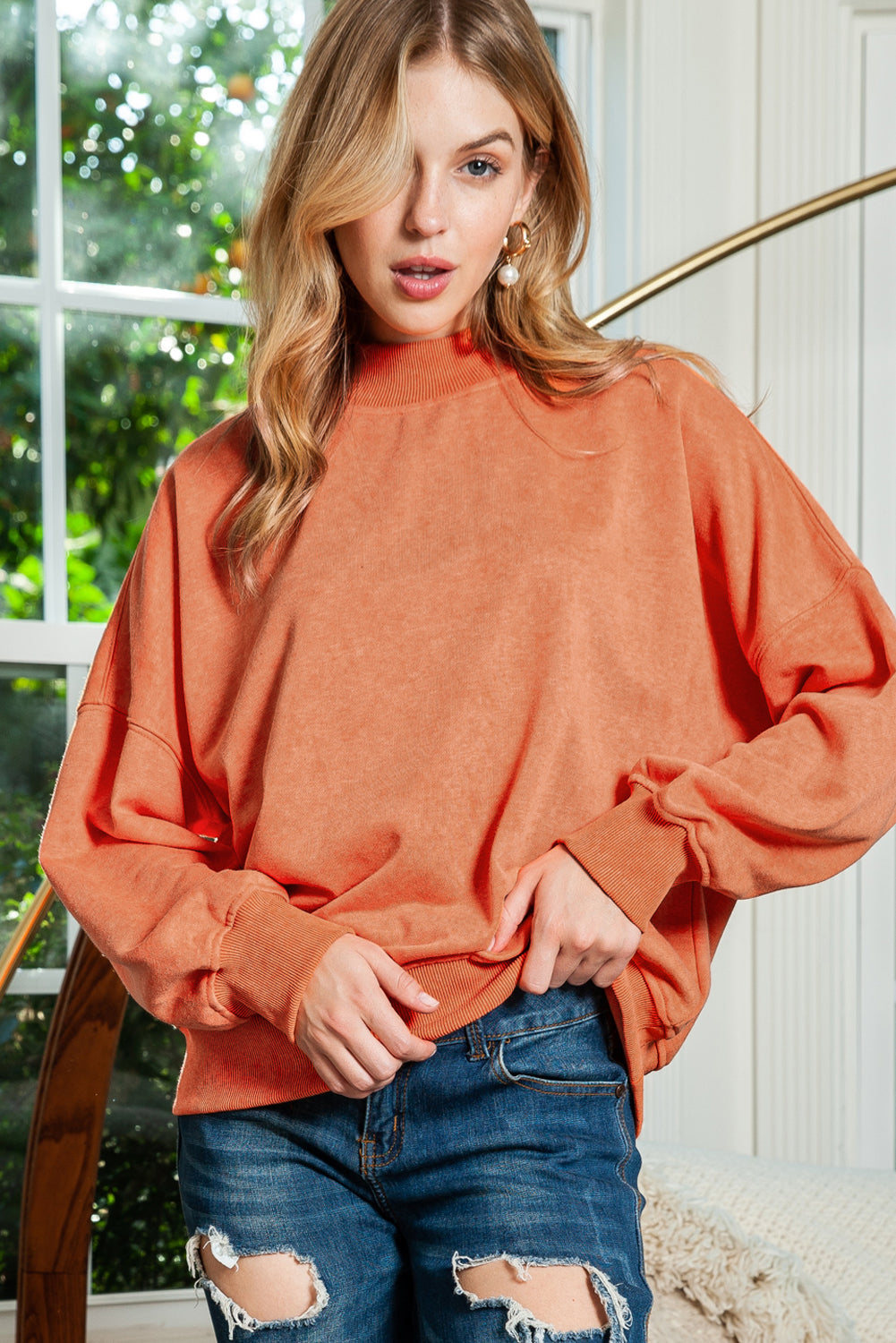 Brown Plain Drop Shoulder Crew Neck Sweatshirt