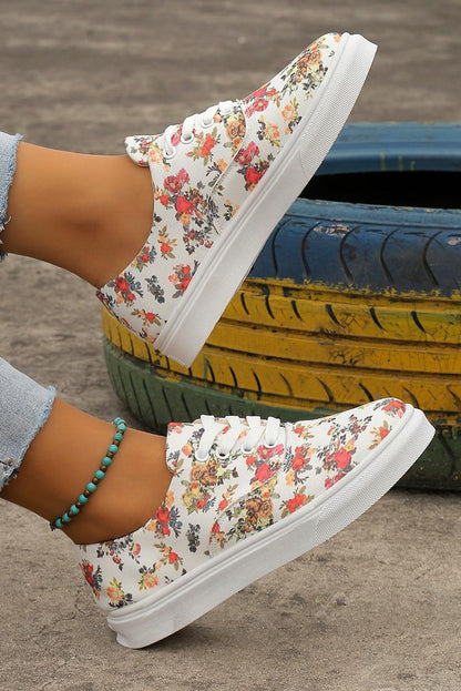 Floral Print Round Toe Lace-Up Flats