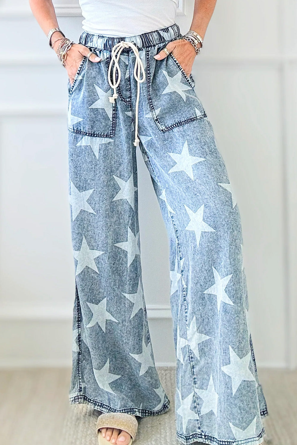 Light Wash Star Print Drawstring Wide Leg Jeans (6-16)