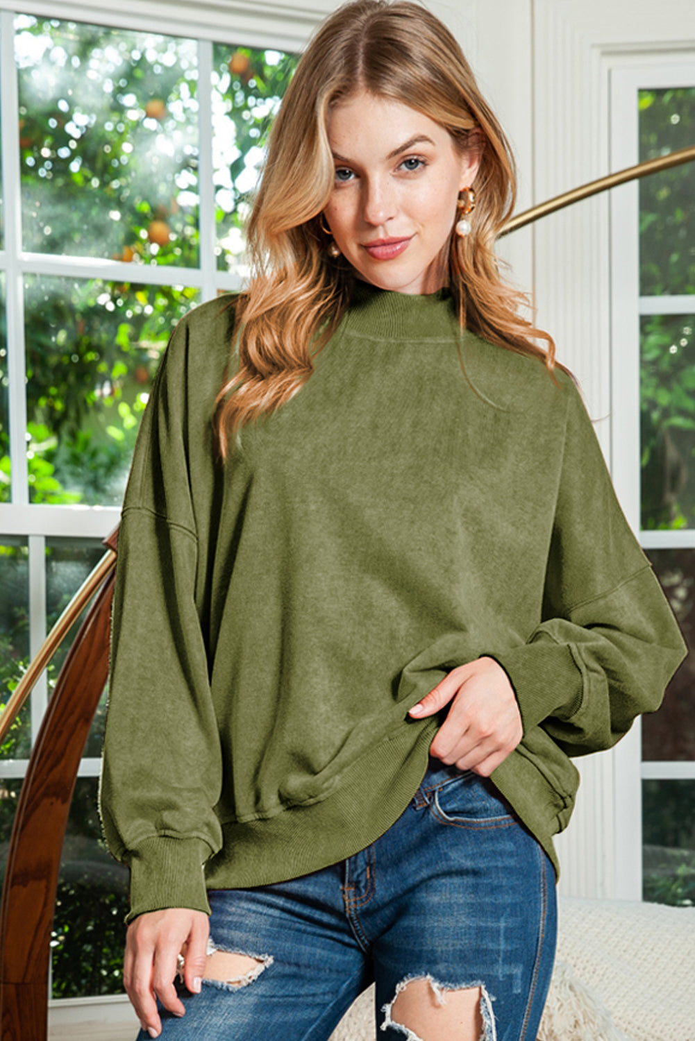 Brown Plain Drop Shoulder Crew Neck Sweatshirt