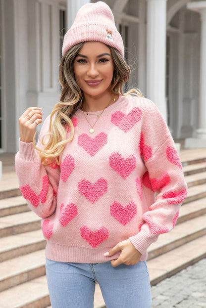 Light Pink Valentines Day Heart Jacquard Knit Sweater (S-XL)