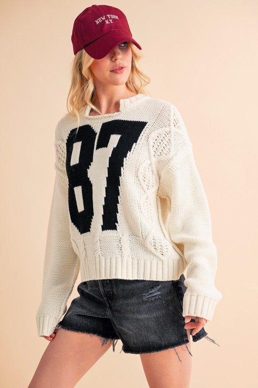 '87' Swiftie Cable Knit Drop Shoulder Sweater (S-L)