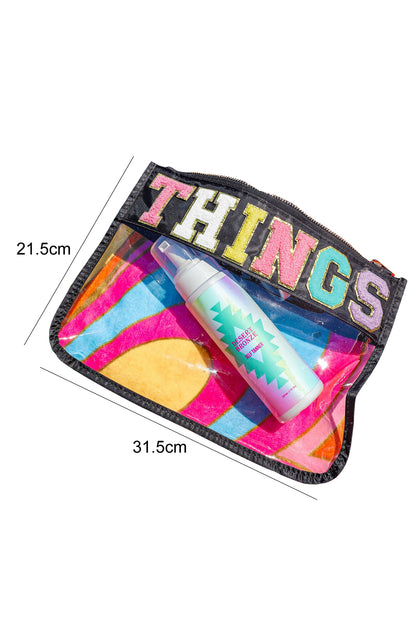 THINGS Letter Applique Zipped Clear Cosmetic Bag