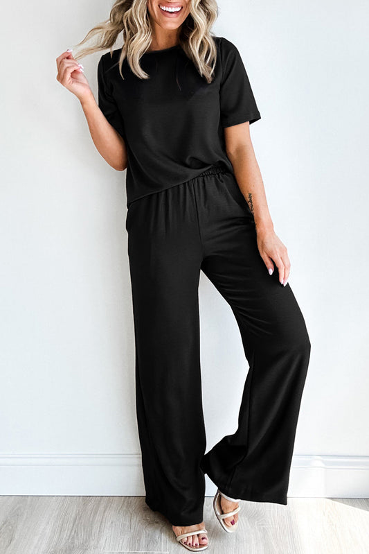 Solid Color T-Shirt + Wide Leg Pants Set (S-XL)