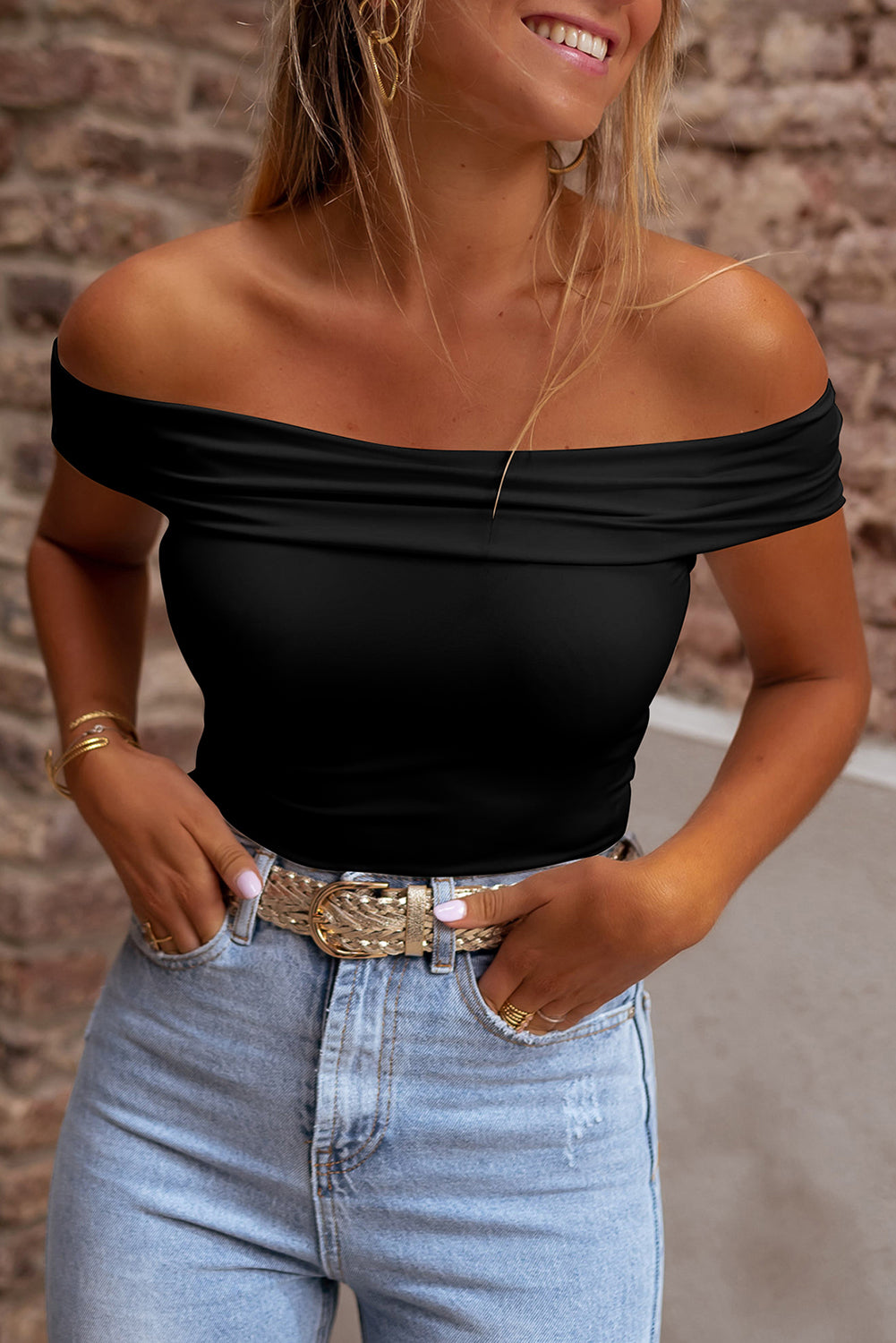 Solid Folded Off Shoulder Slim Top (S-XL - 3 Colors)