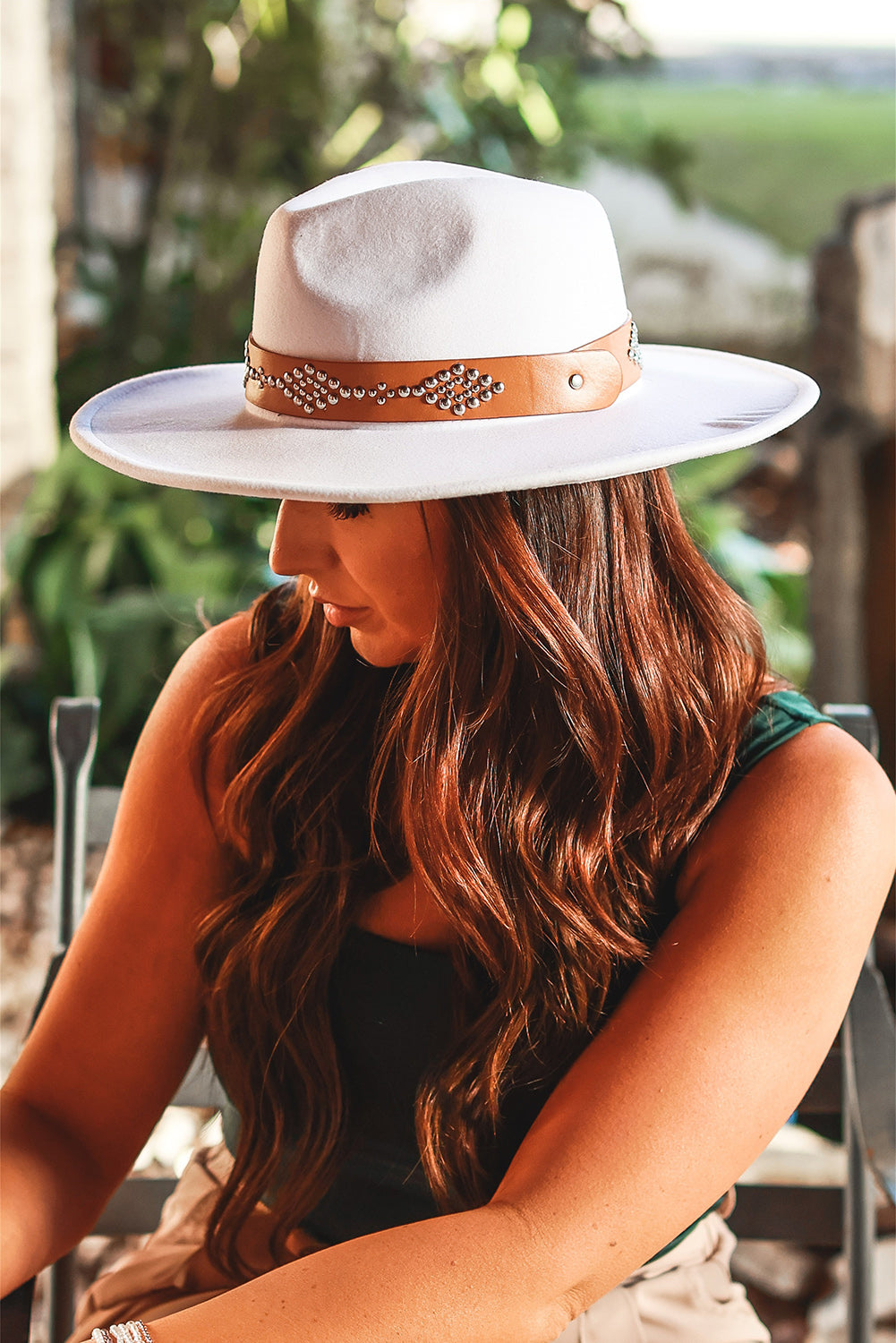 White Studded Detail Wide Brim Panama Hat