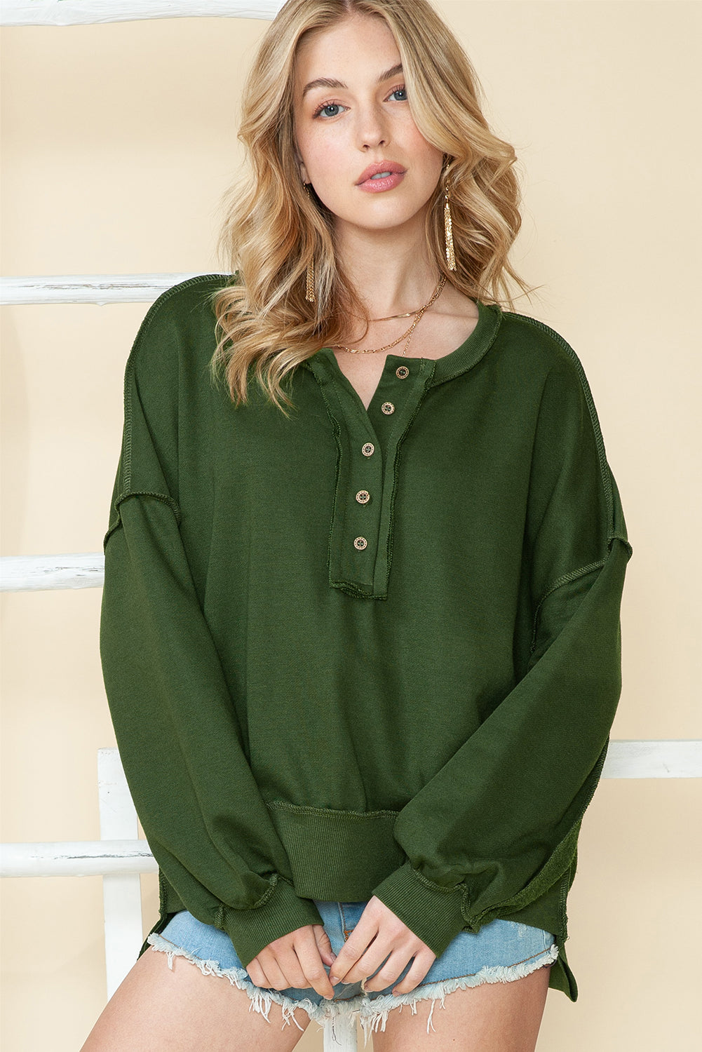 Slouchy Drop Shoulder Henley Sweatshirt (S-2XL - 5 Colors)