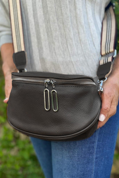 Black Striped Strap Zipper Leather Crossbody Bag