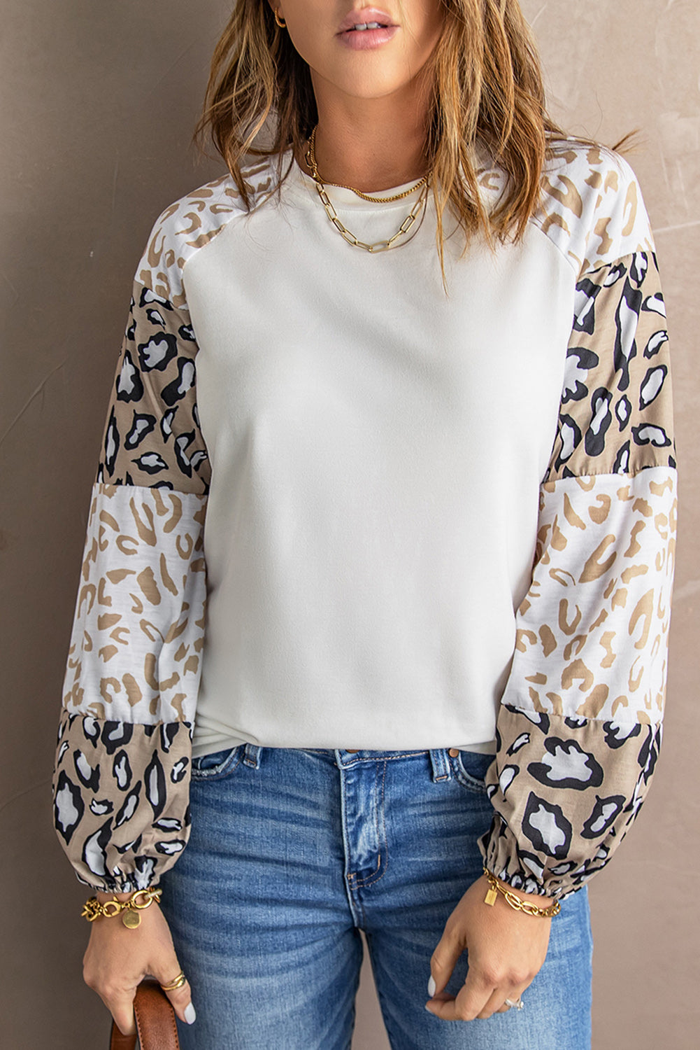 Blank Ivory Cheetah Print Lantern Sleeve Crew Neck Raglan Shirt