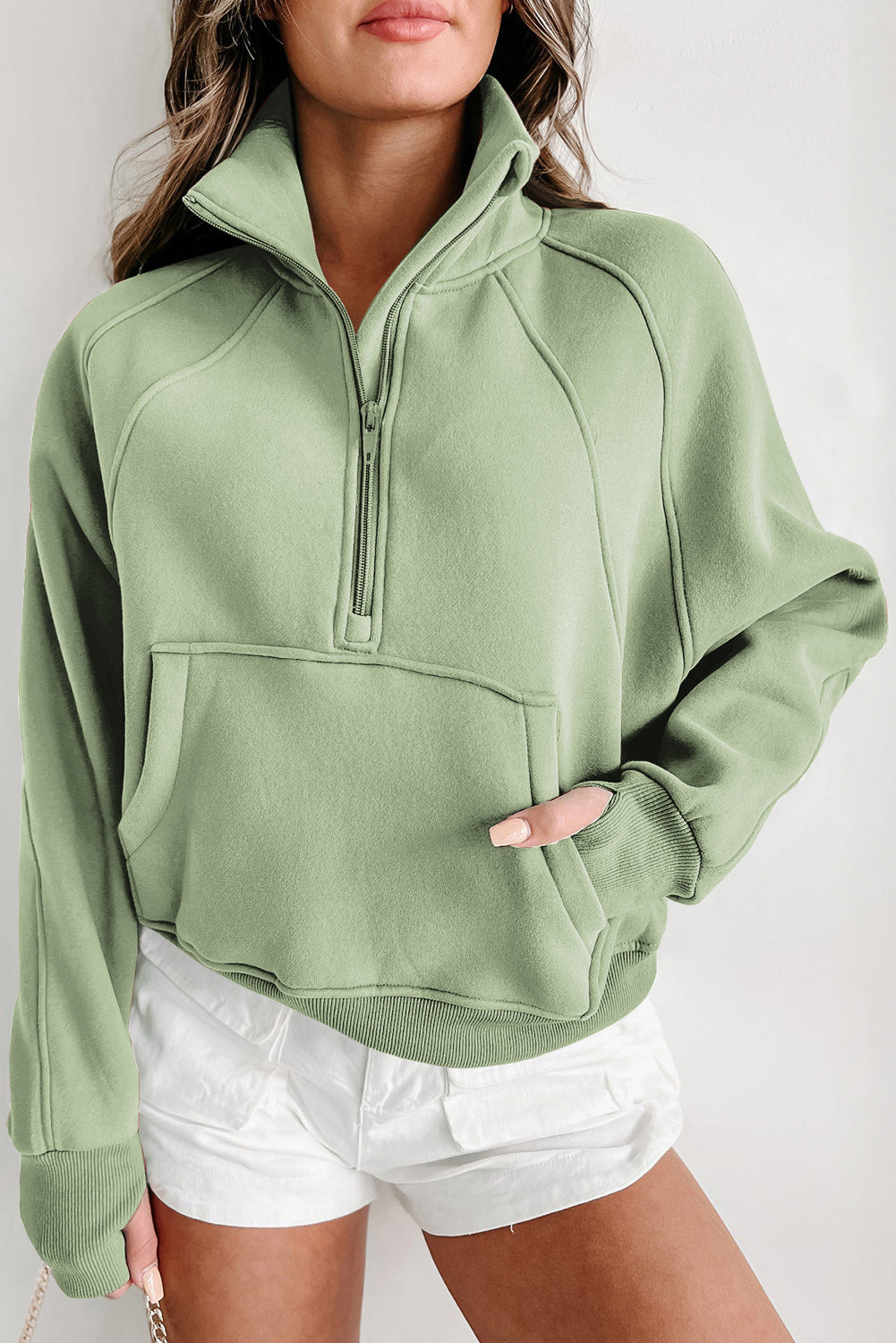 Smoke Green Quarter Zip Pocket Sweatshirt