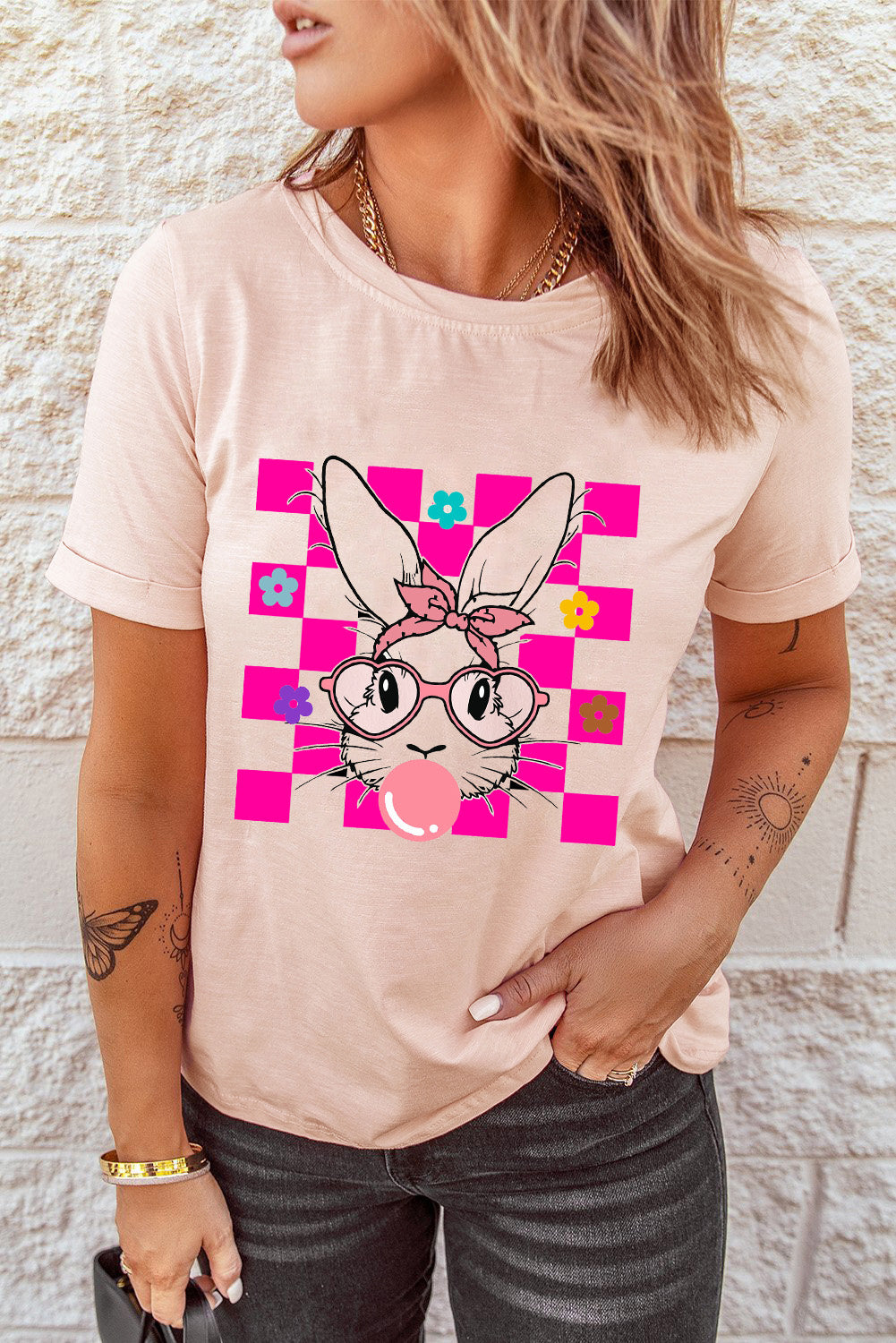 Checkered Flower Bunny Graphic Tee (S-2XL)