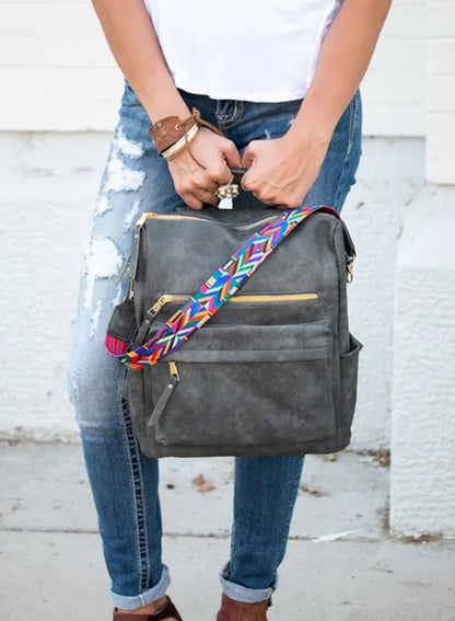 Dark Grey Aztec Strap Backpack