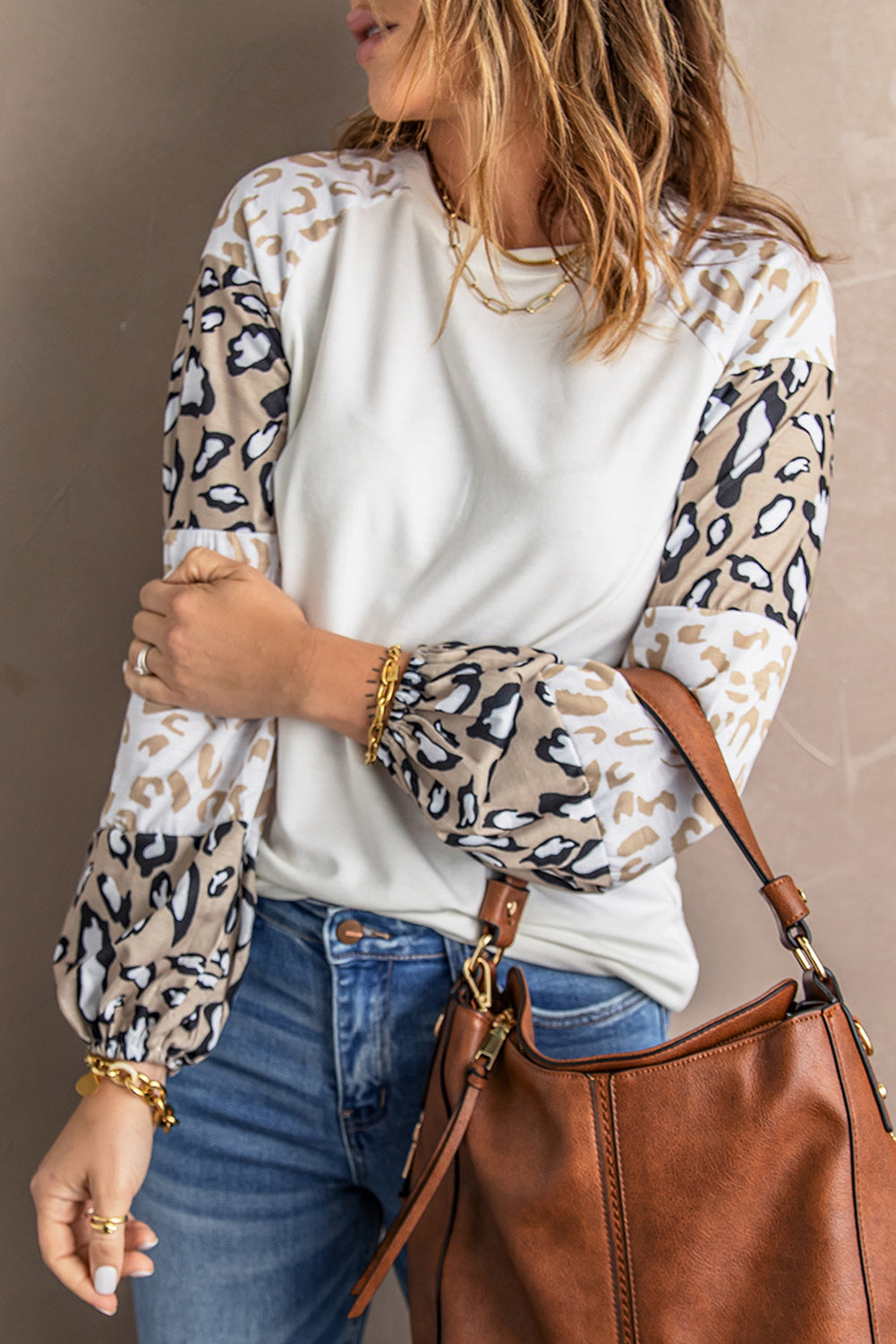 Blank Ivory Cheetah Print Lantern Sleeve Crew Neck Raglan Shirt