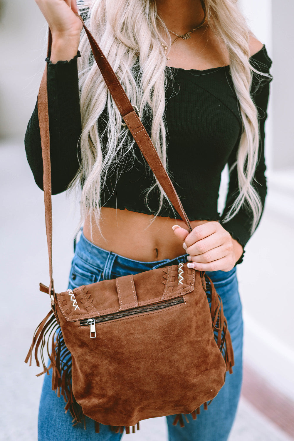 Chestnut Vintage Suede Fringed Saddle Bag